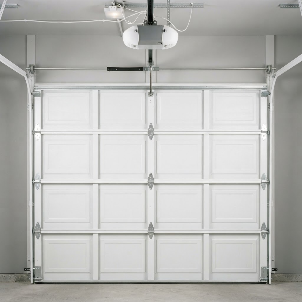 Back side of a white sectional garage door with labeled components